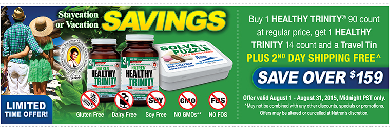 Buy One Healthy Trinity 90 ct. bottle, get Healthy Trinity 14 ct. and Tin FREE